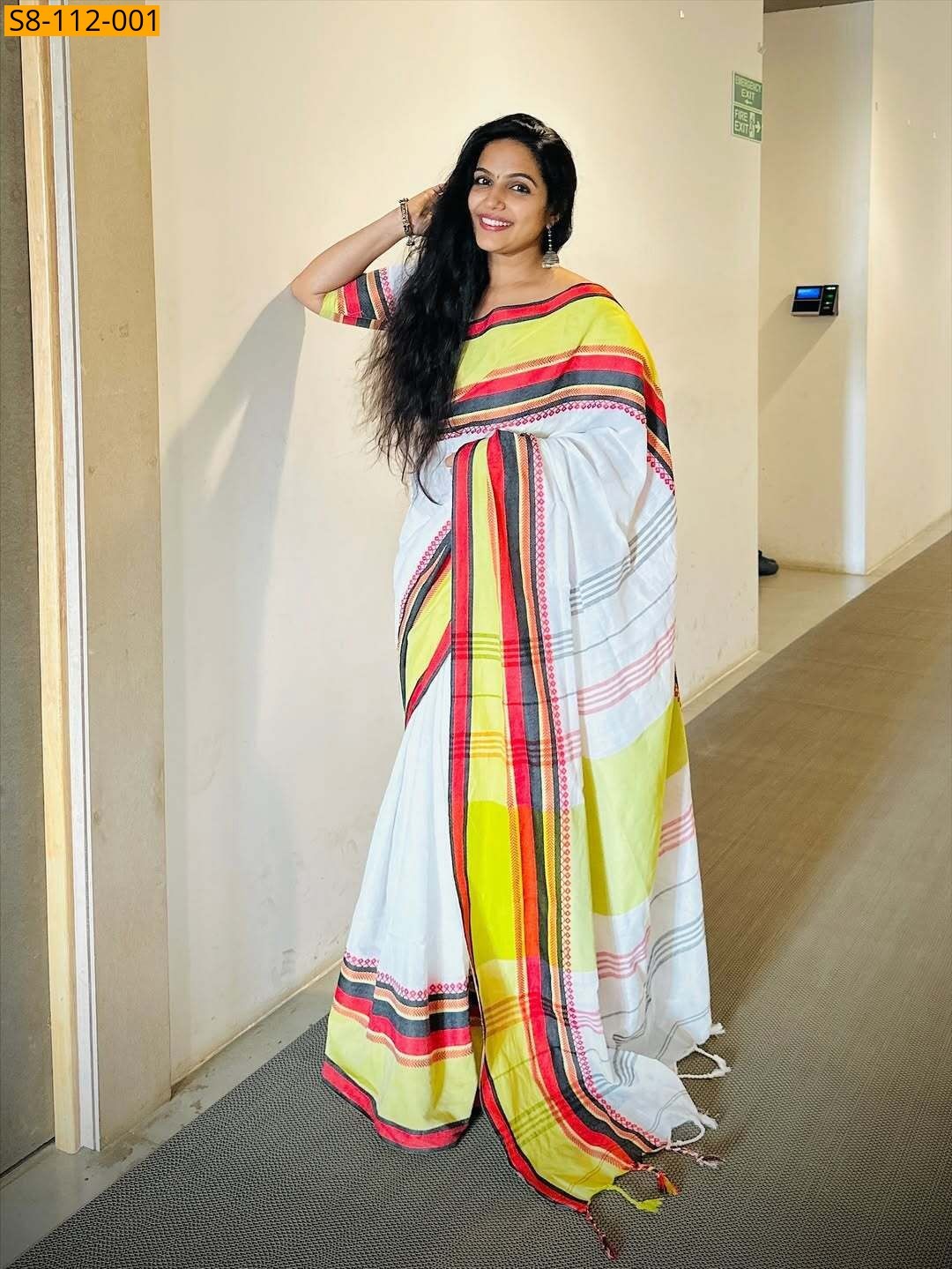 Fancy multi colour cotton saree - White