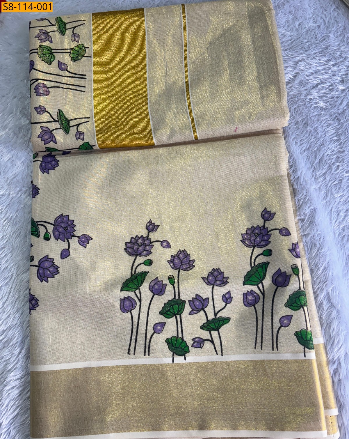 Half white Lotus Golden Tissue Saree