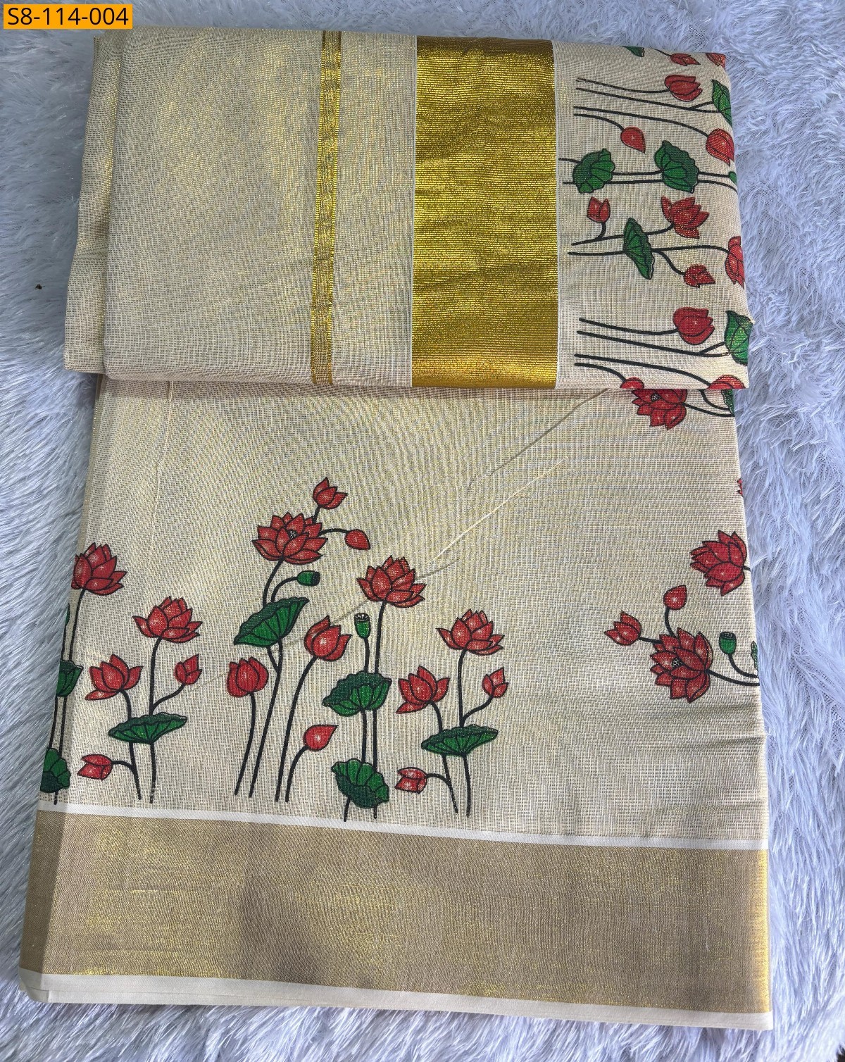 Half white Lotus Golden Tissue Saree