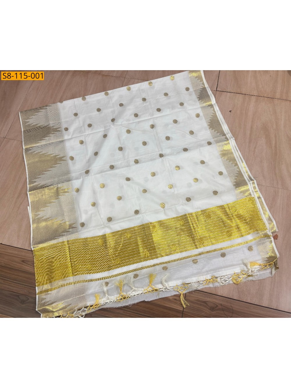 Half white Handloom Temple Polka Kasavu Cotton Saree Half white Handloom Temple Polka Kasavu Cotton Saree