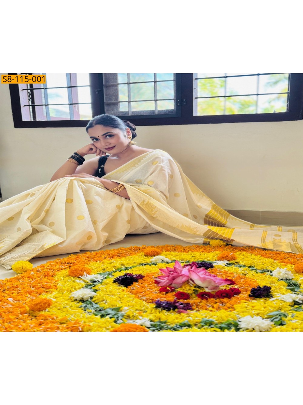 Half white Handloom Temple Polka Kasavu Cotton Saree Half white Handloom Temple Polka Kasavu Cotton Saree