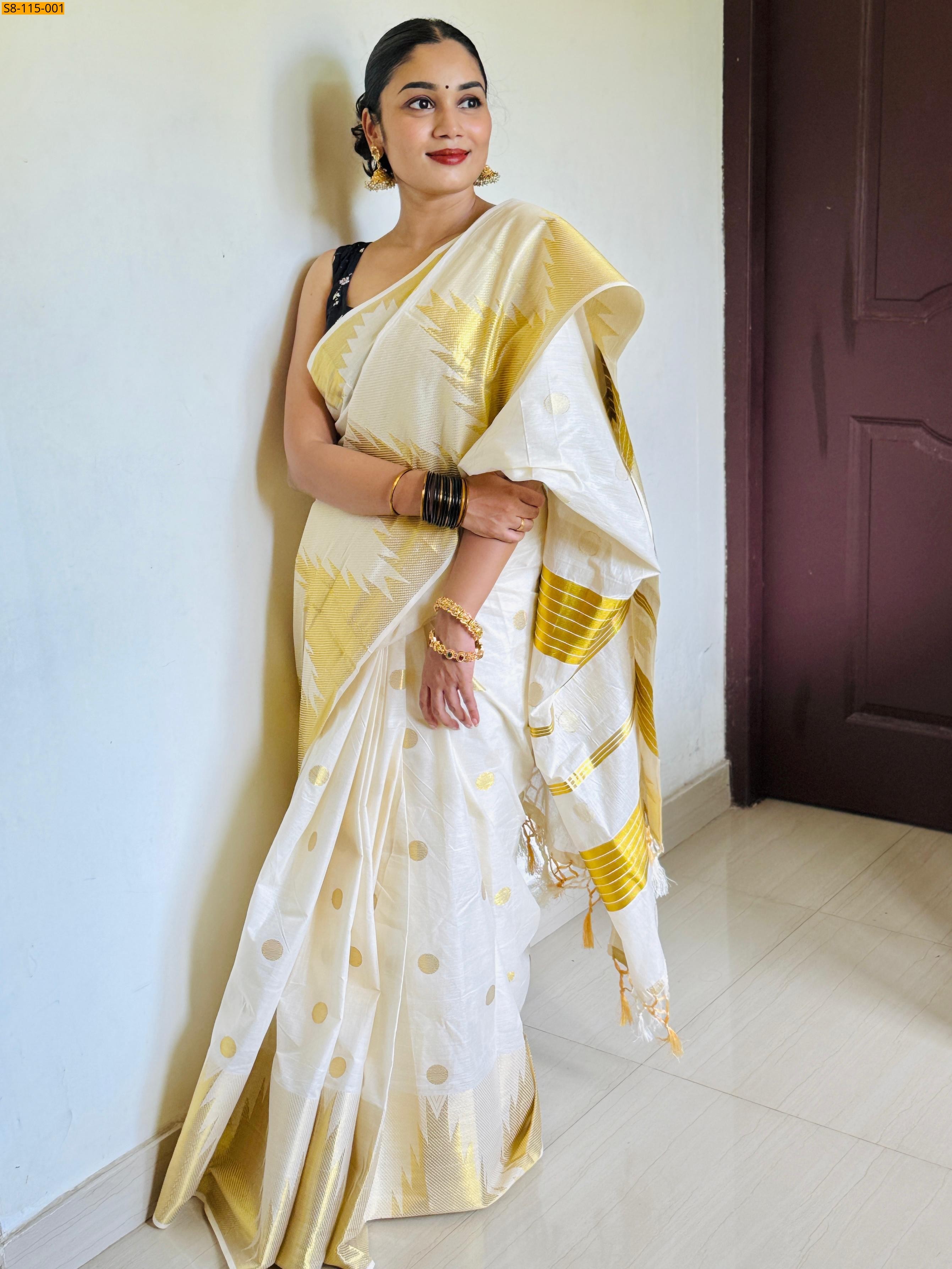 Half white Handloom Temple Polka Kasavu Cotton Saree