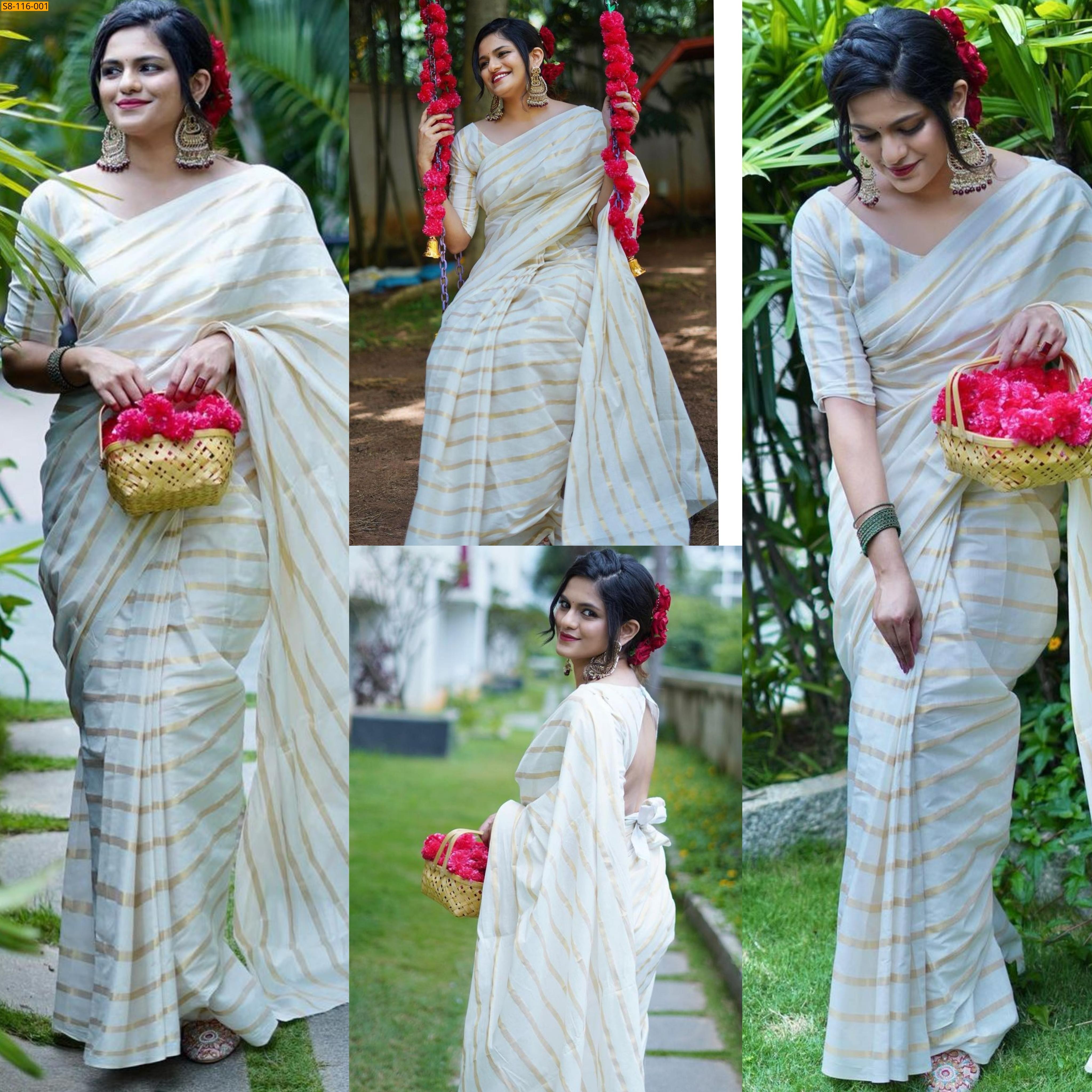 White Cotton golden lines saree