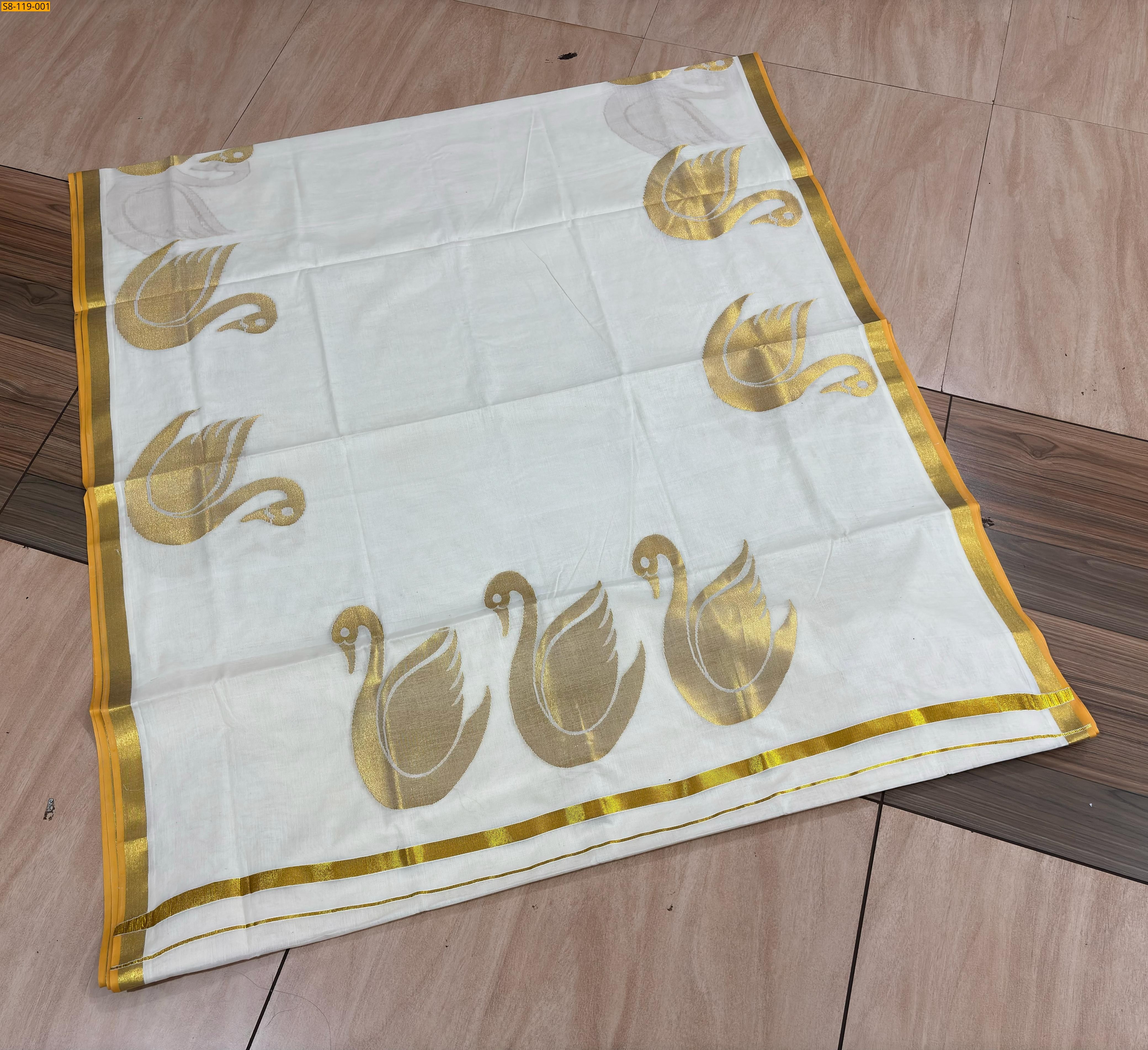 White Cotton Saree with Swan Weaving