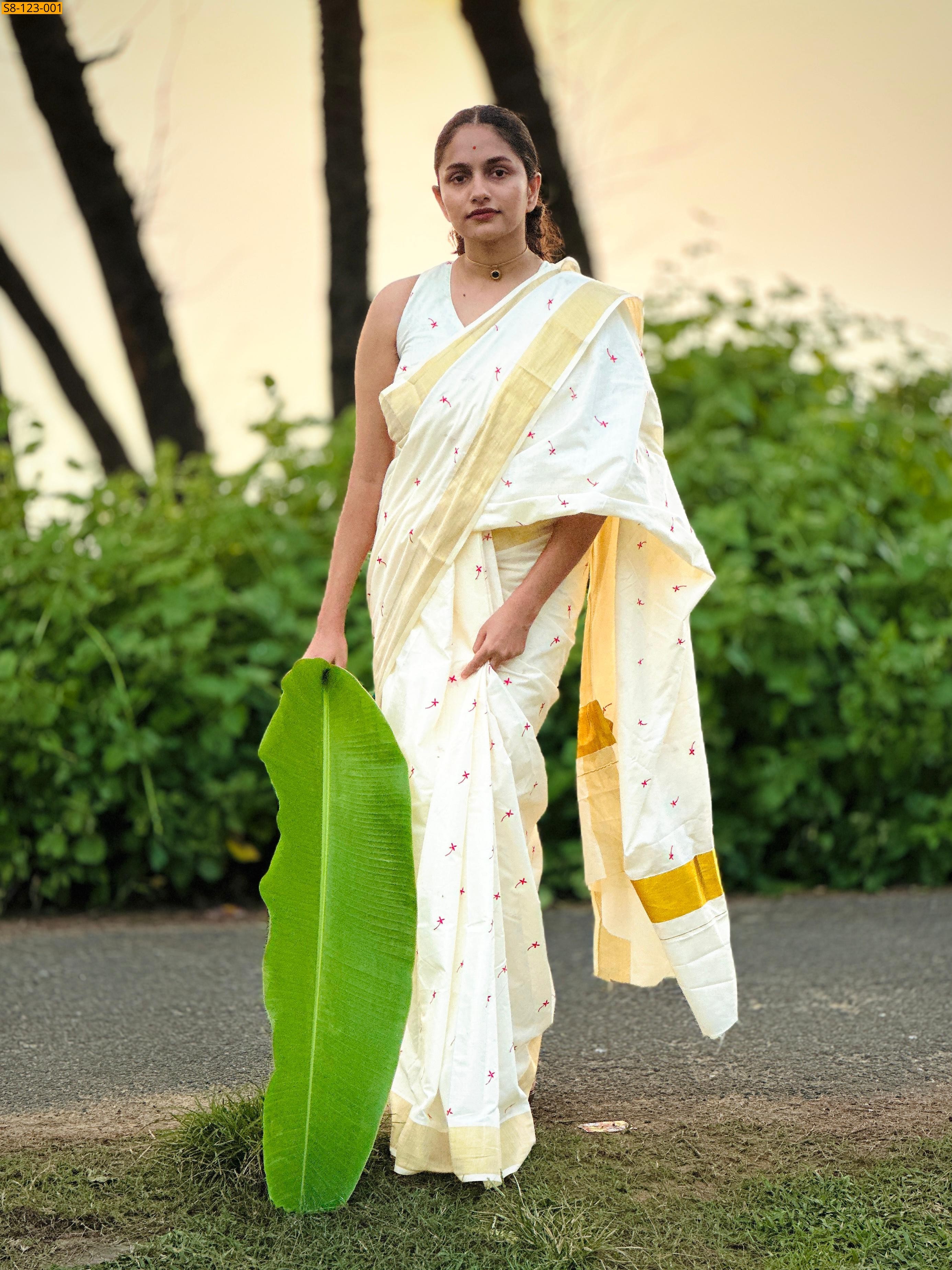 White Small techipoo embroidery saree