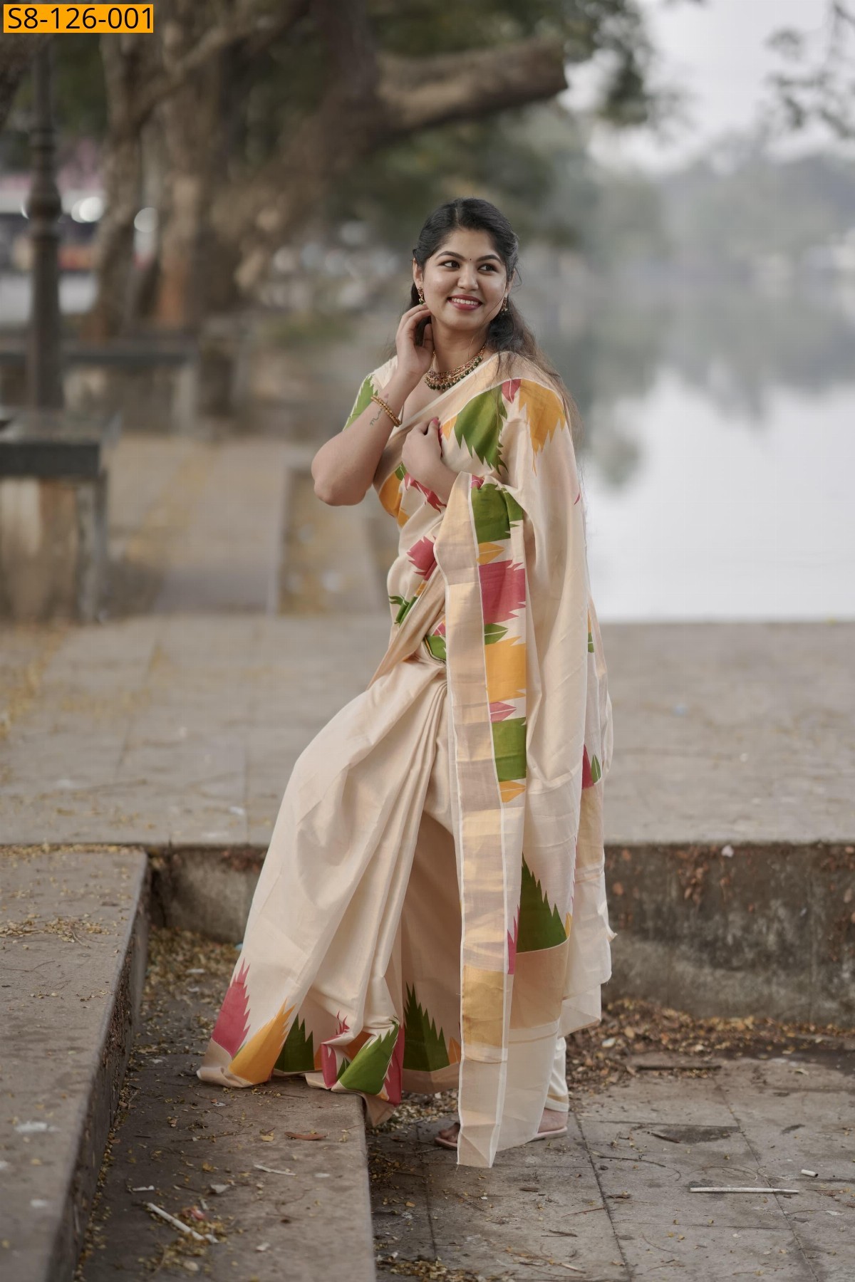 Multi colour Temple Golden tissue saree - Half White