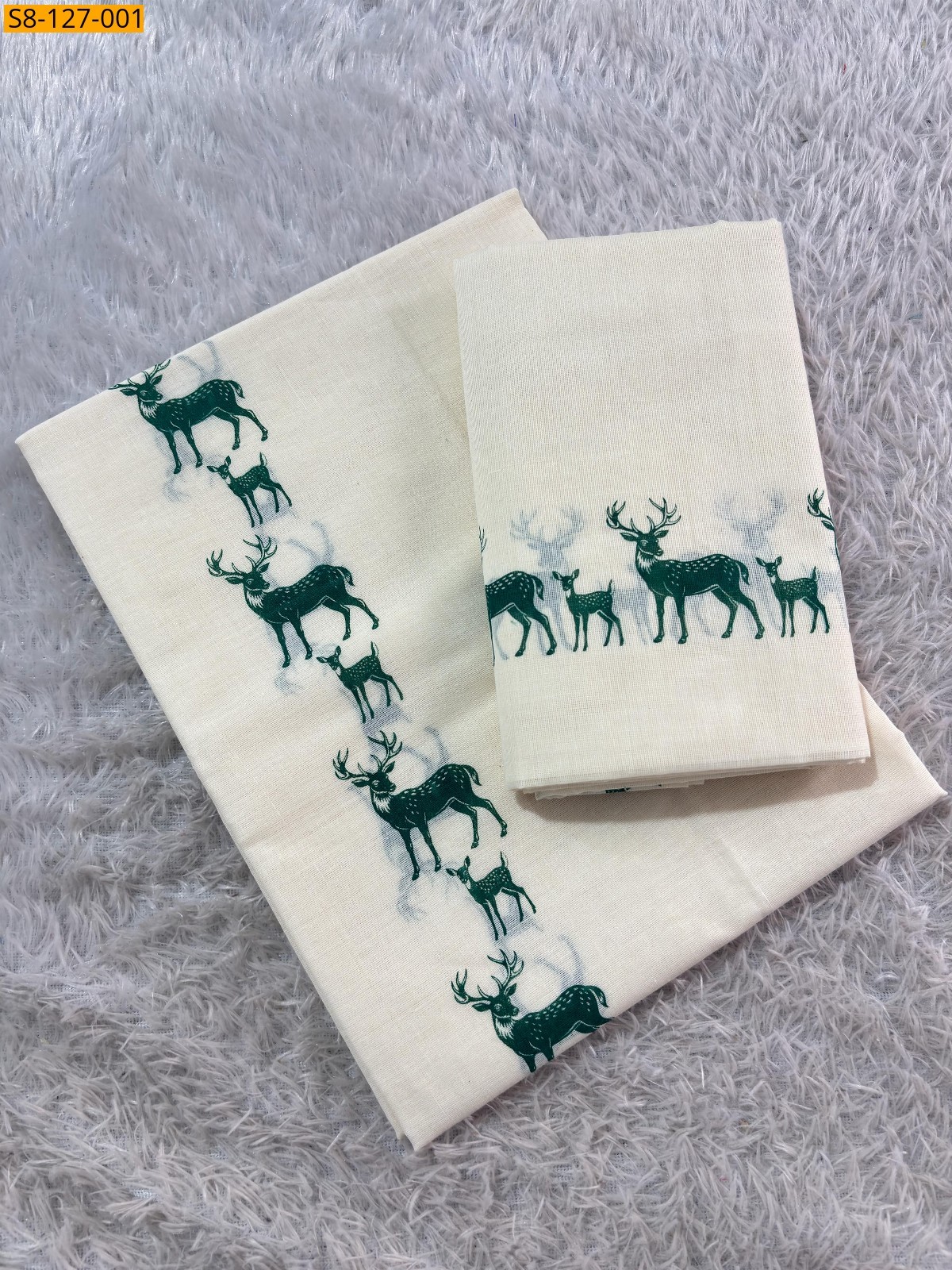 White DEER  Printed cotton Set mundu