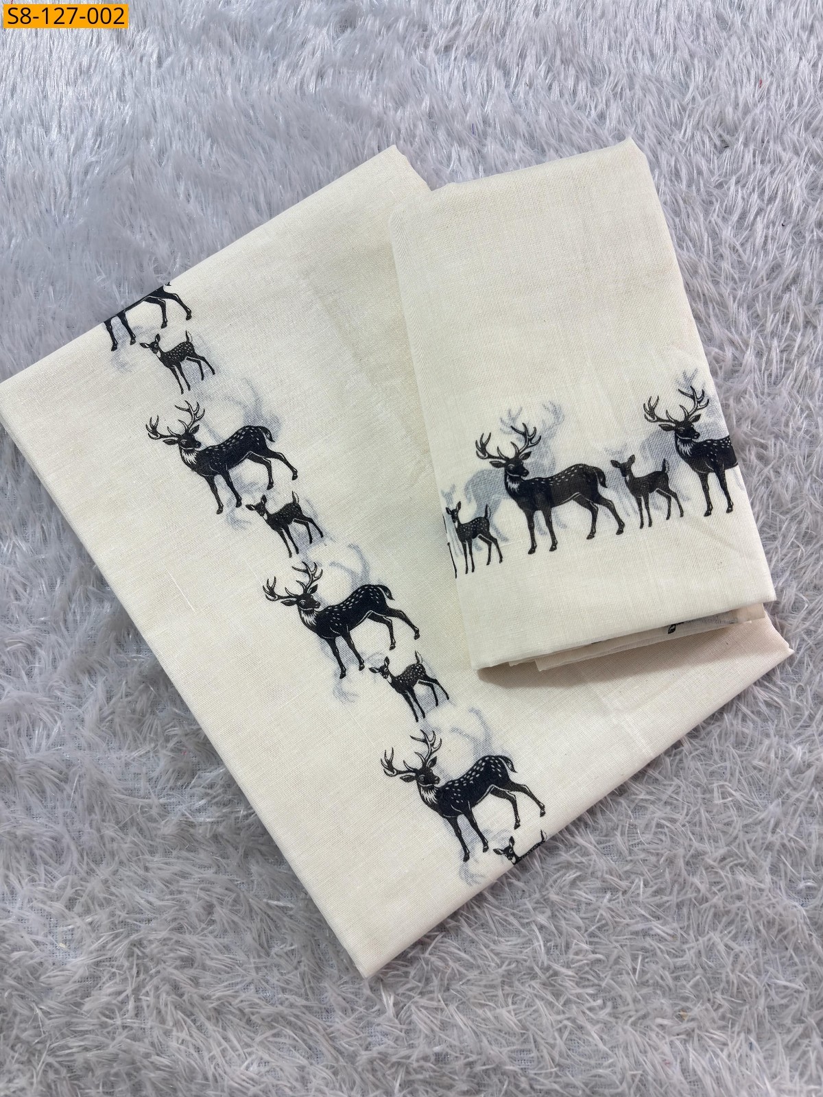 White DEER  Printed cotton Set mundu