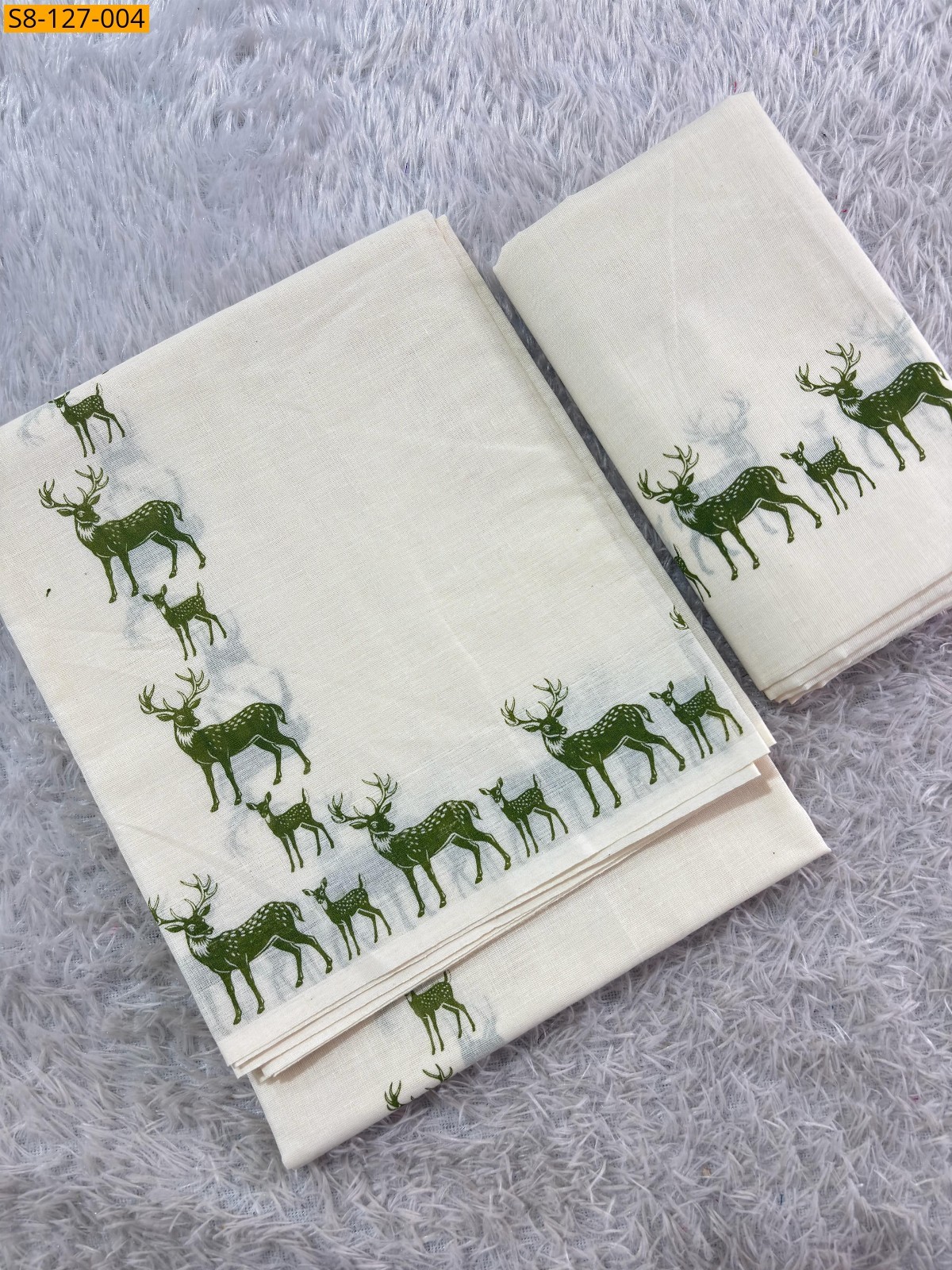 White DEER  Printed cotton Set mundu