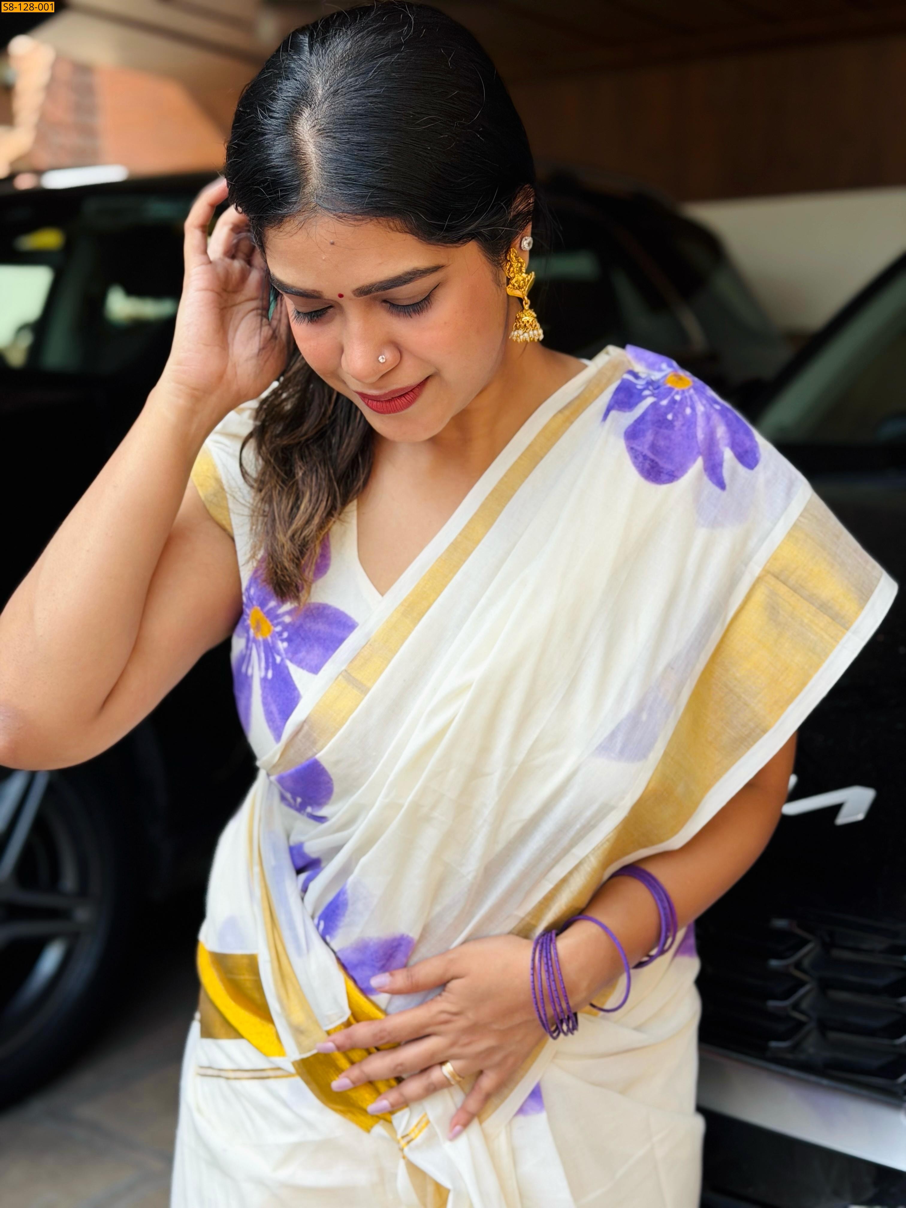 White Neelakurnji Printed cotton Saree