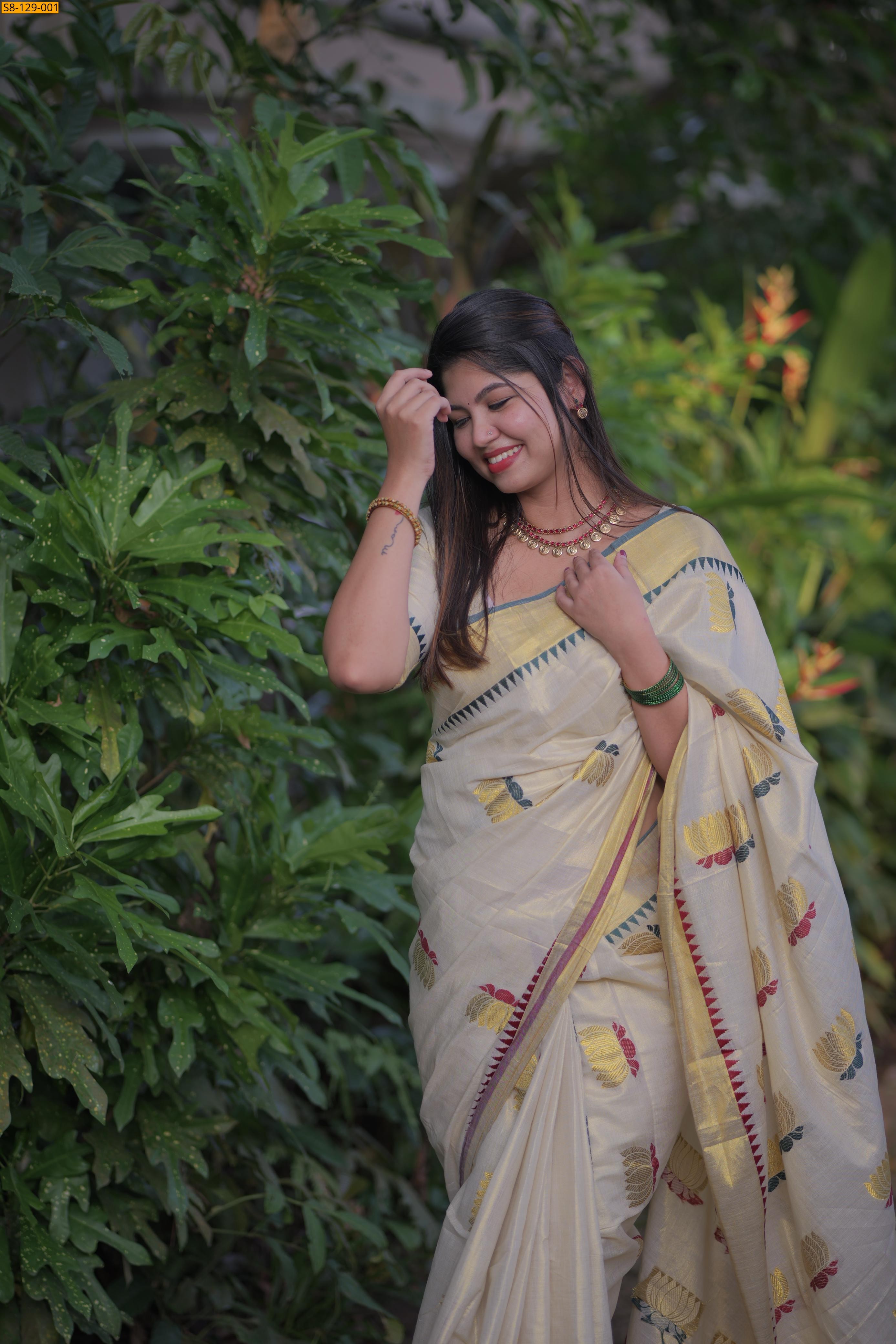 Lotus weave golden Tissue saree - Half White