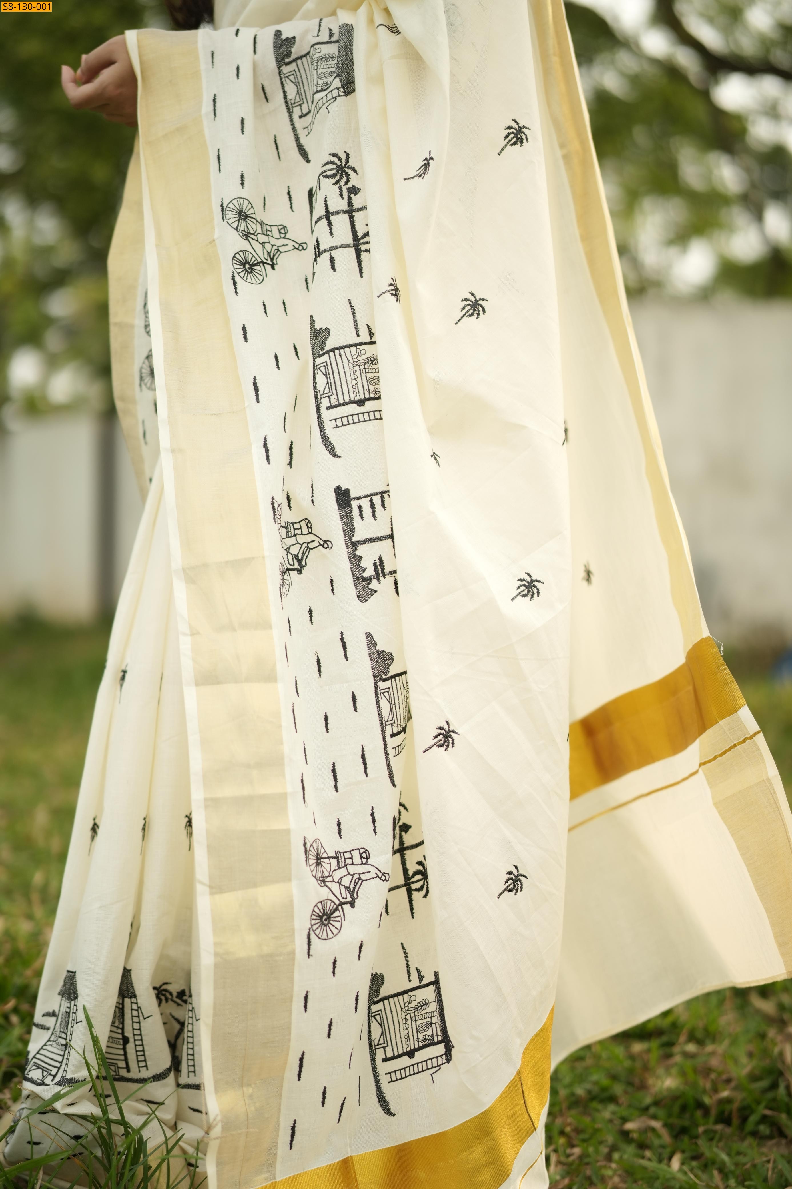 Half White Fancy Cotton Embroiderd Saree
