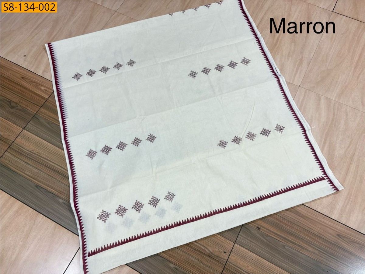 Maroon Cotton Kolam Printed Saree