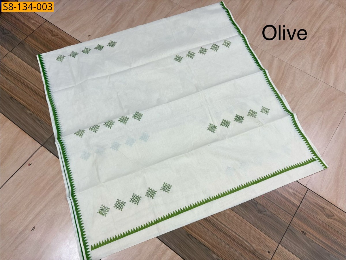 Olive Green Cotton Kolam Printed Saree