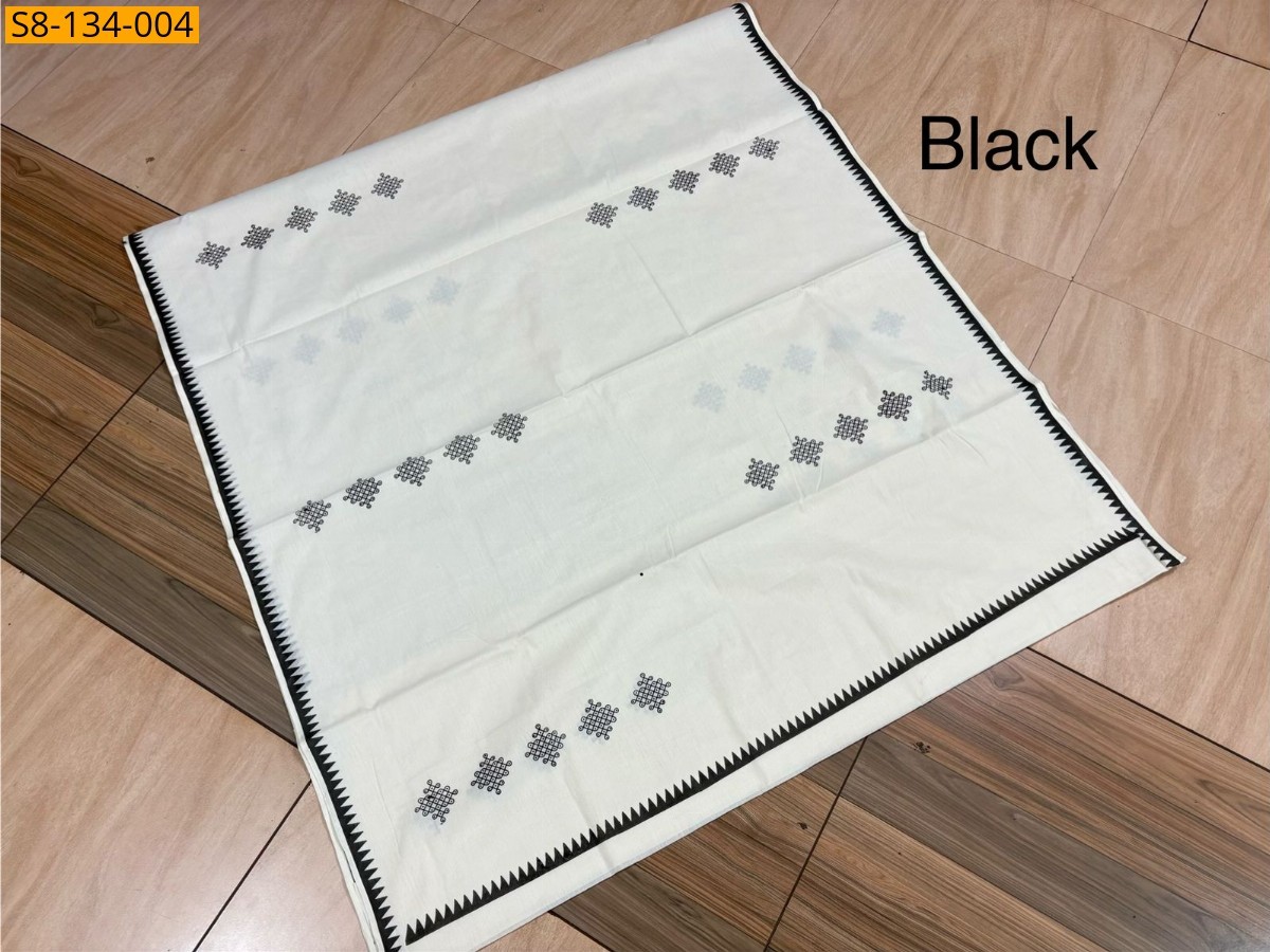 Black Cotton Kolam Printed Saree