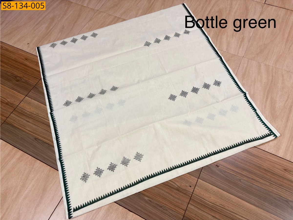 Bottle Green Cotton Kolam Printed Saree