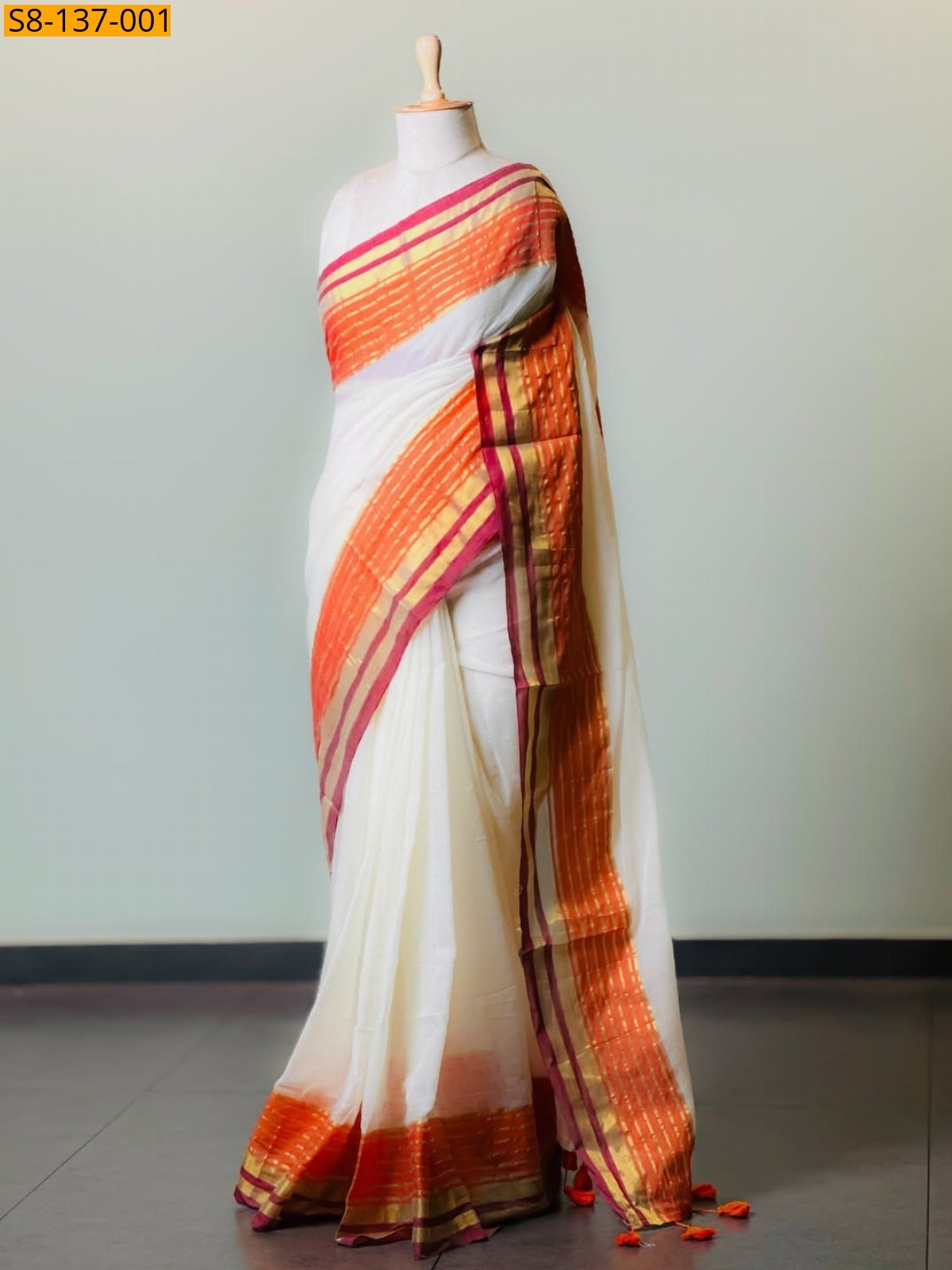 Half White With Orange Fancy Mul cotton saree