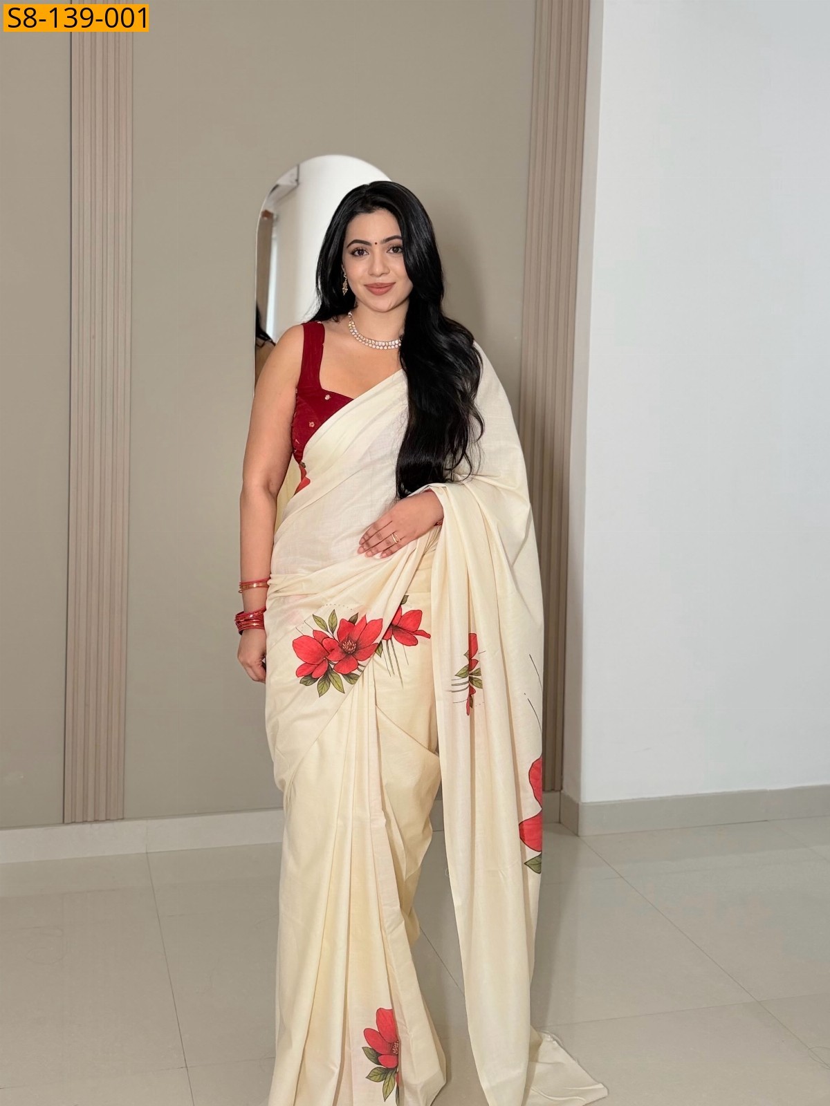 Fancy Cotton Printed Saree - White