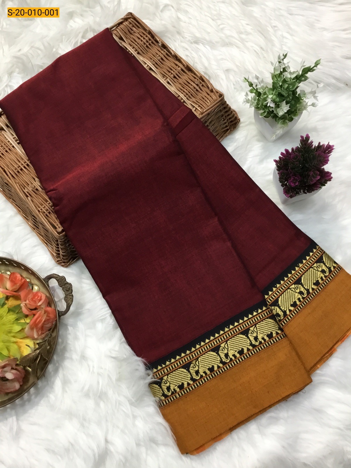 Dark Red Narayanpeth Soft Cotton Elephant Border Saree