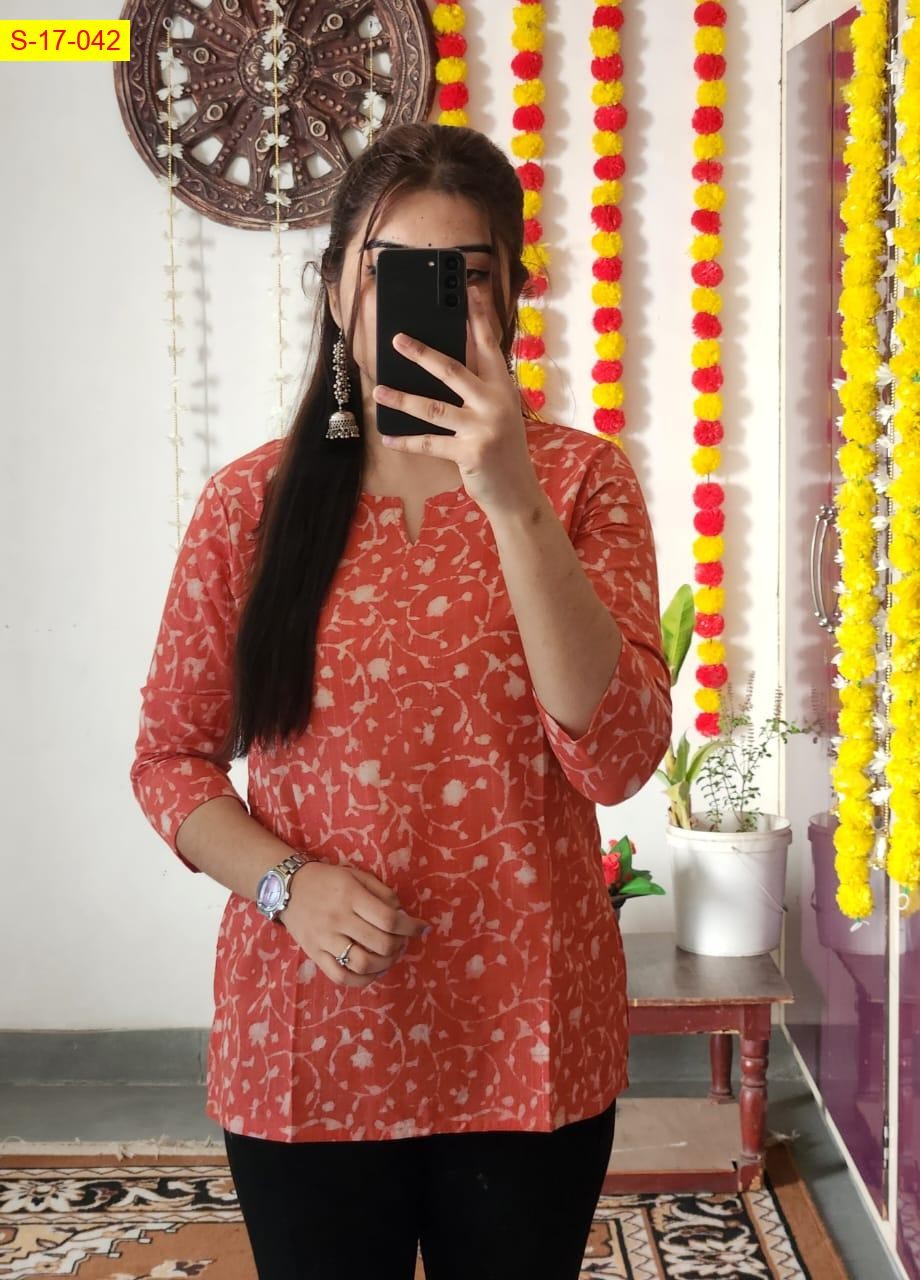 Orange Cotton printed‎ short Kurti