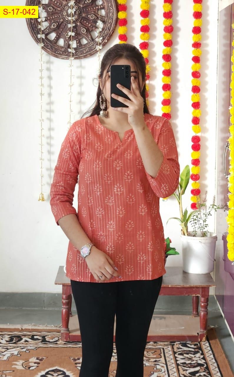 Orange Cotton printed‎ short Kurti