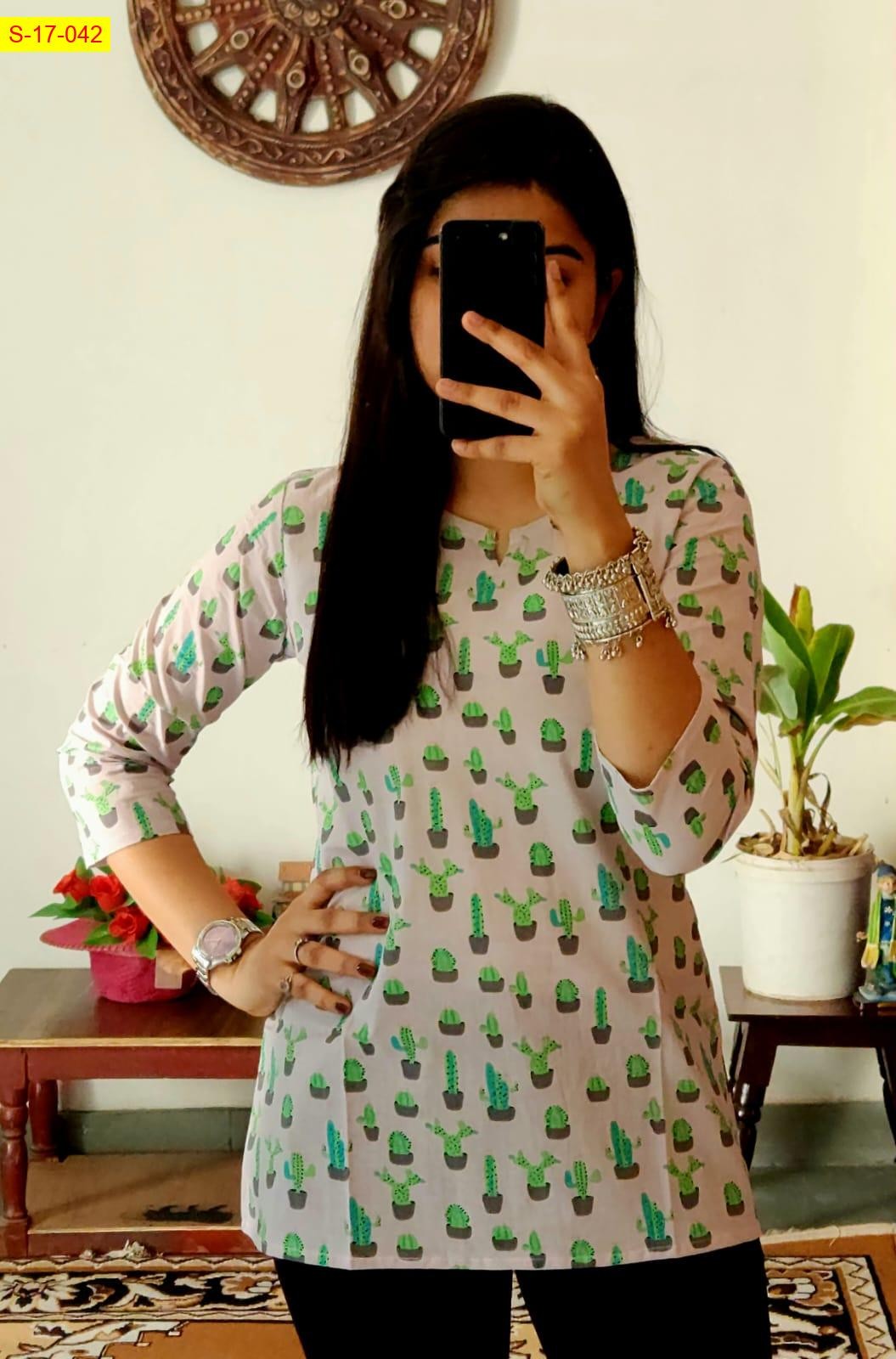 Half White Cotton printed‎ short Kurti