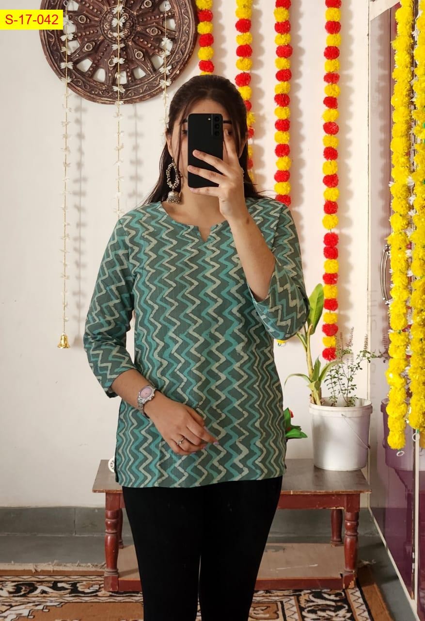 Green Cotton printed‎ short Kurti
