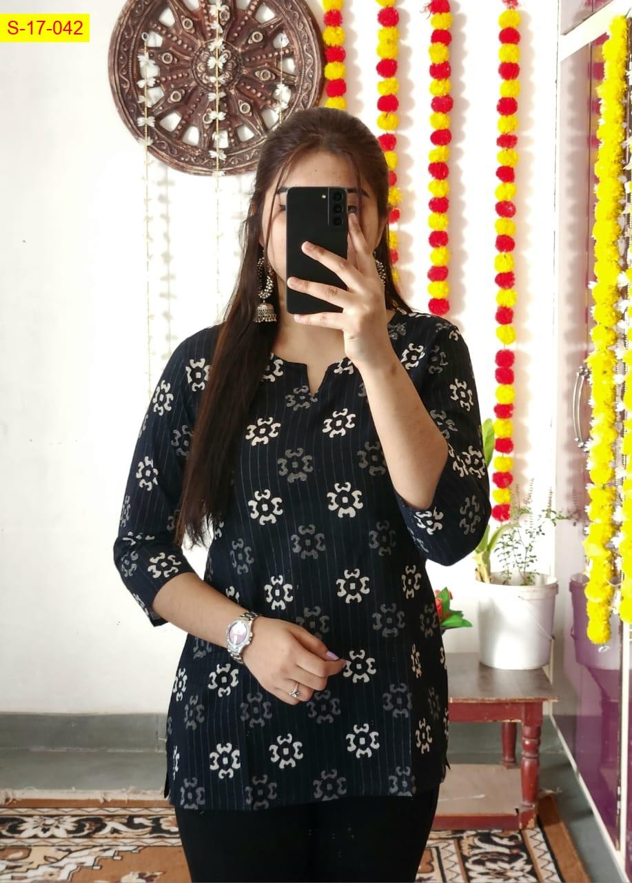 Black Cotton printed‎ short Kurti