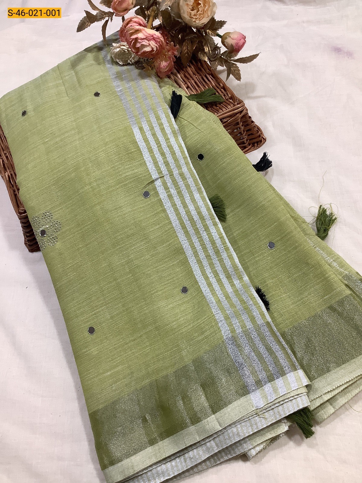 Green Khadi Linen Mirror Work Saree