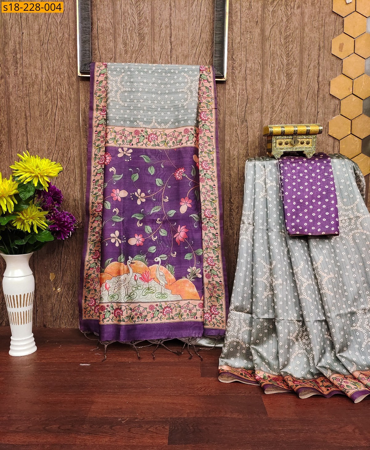 Gray Soft bandhani raw silk saree