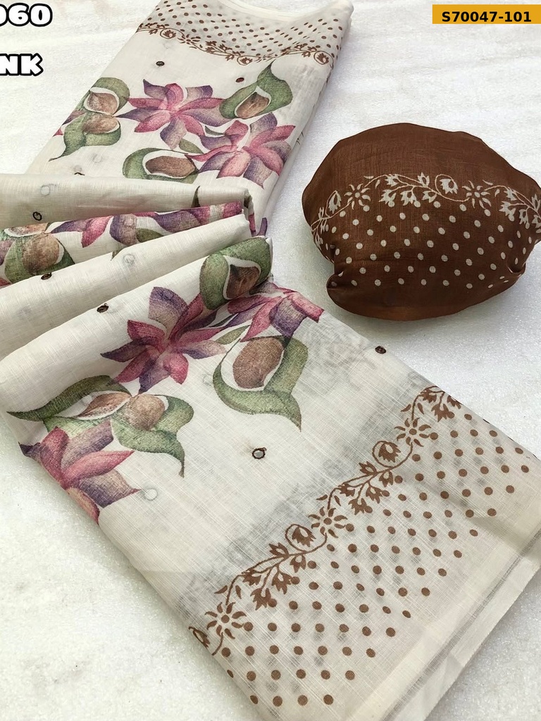 [S70047-101] Fancy Soft Linen Brush Printed Saree (S70047-101)