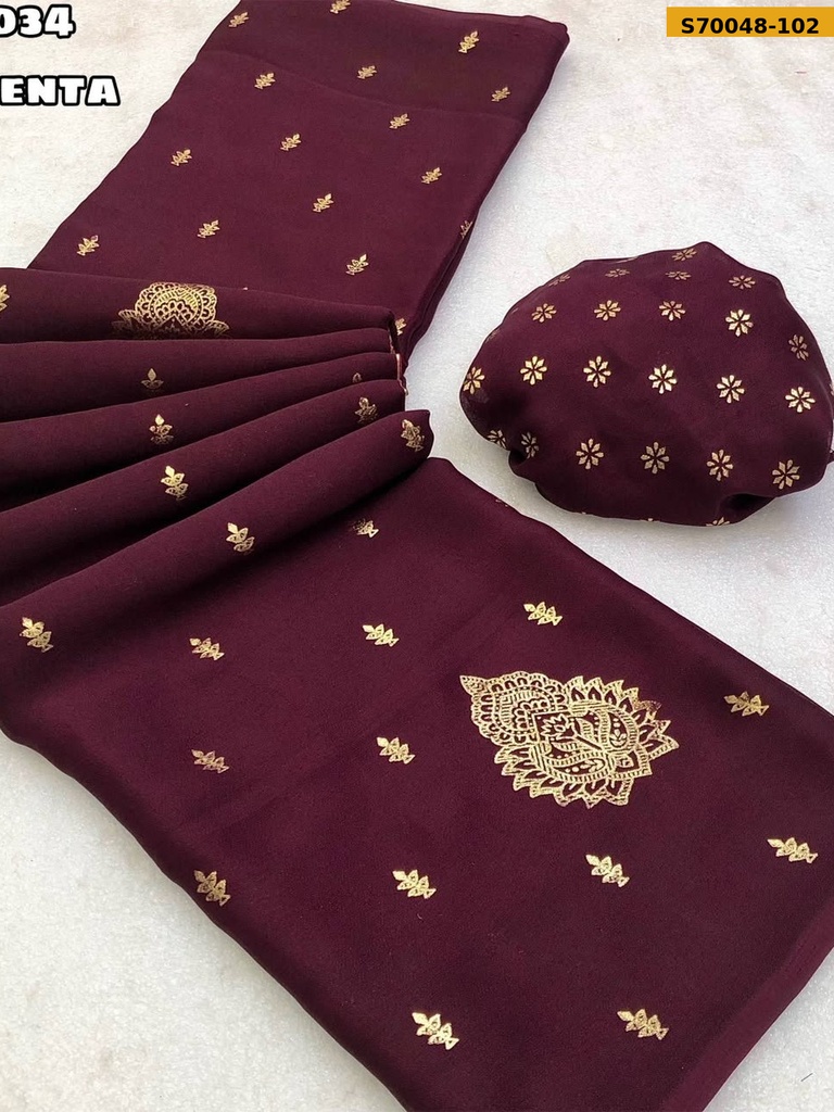 Fancy Moss Chiffon Gold Foil Print Saree
