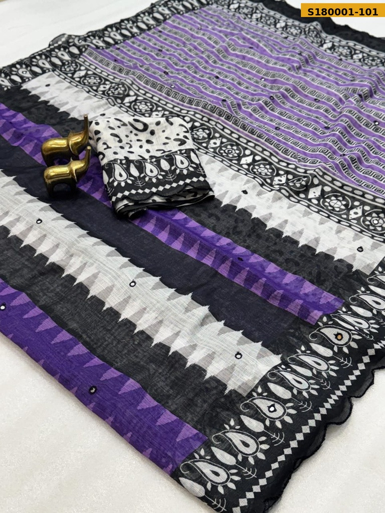 [S180001-101] Fancy Soft Linen Cotton Zigzag Printed Saree (S180001-101)
