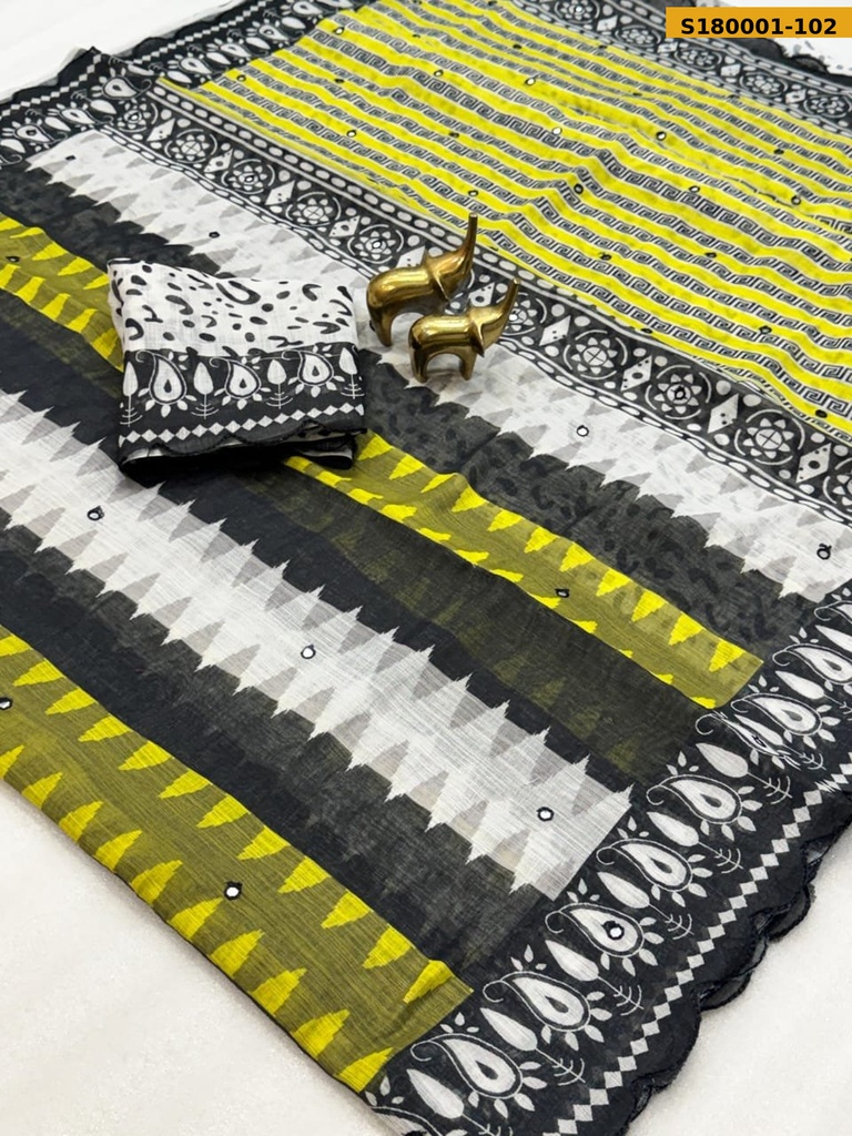 Fancy Soft Linen Cotton Zigzag Printed Saree