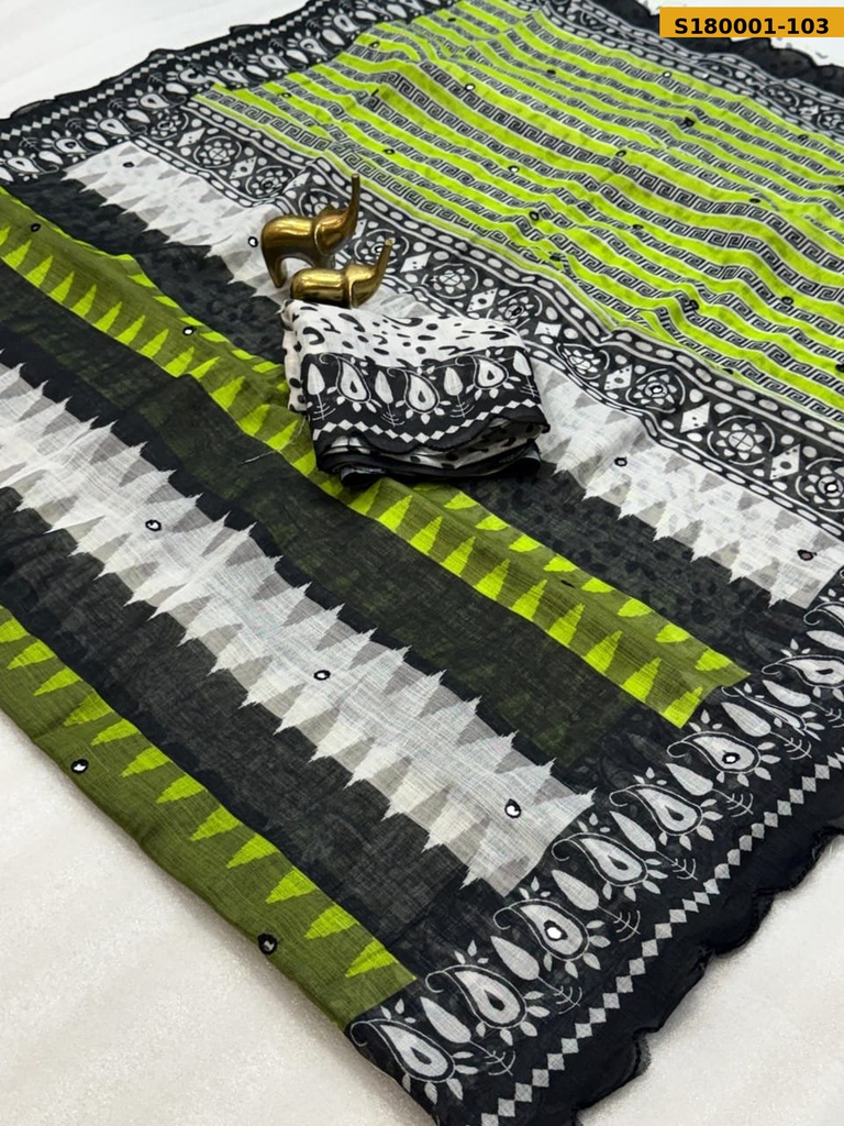 Fancy Soft Linen Cotton Zigzag Printed Saree