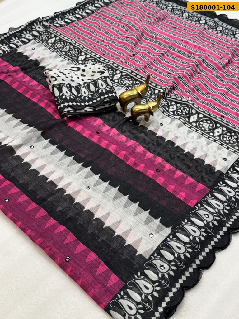 Fancy Soft Linen Cotton Zigzag Printed Saree