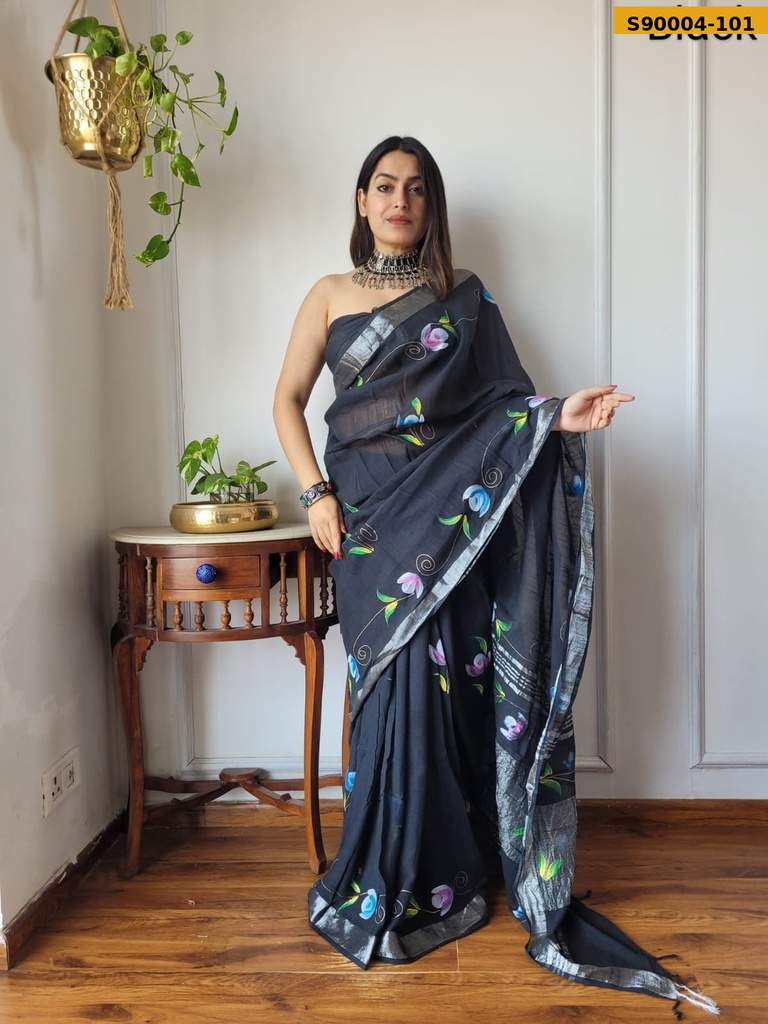 Handblock Printed Linen Saree