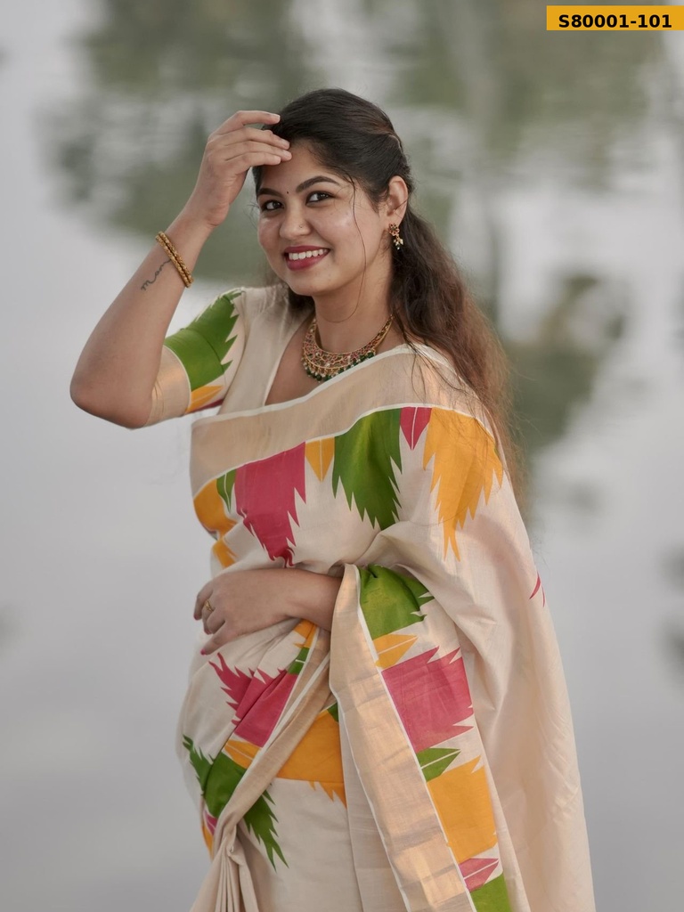 Fancy Golden Tissue Temple Border Saree