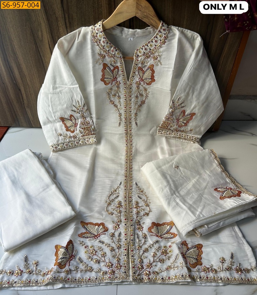 [S6-957-004-L] Fancy Roman Silk Kurti plazo dupatta set
