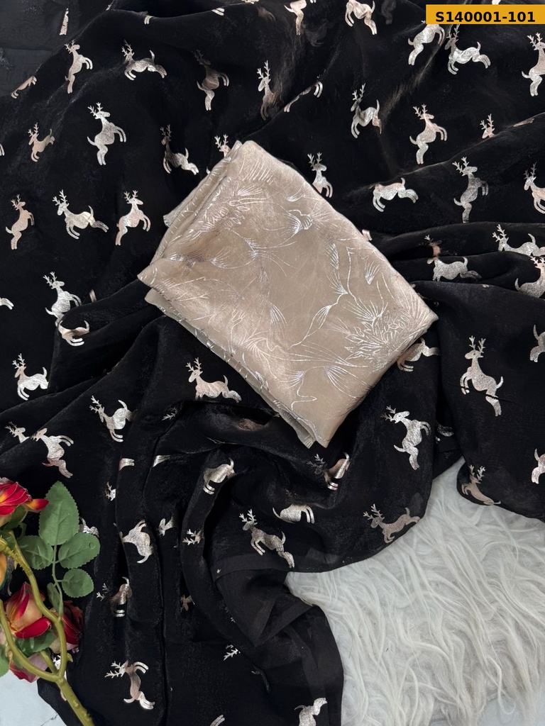 [S140001-101] Fancy Deer Applique Space Silk Saree