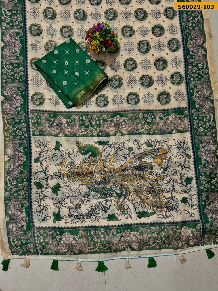 Fancy Soft Linen Cotton Mayur Printed Saree