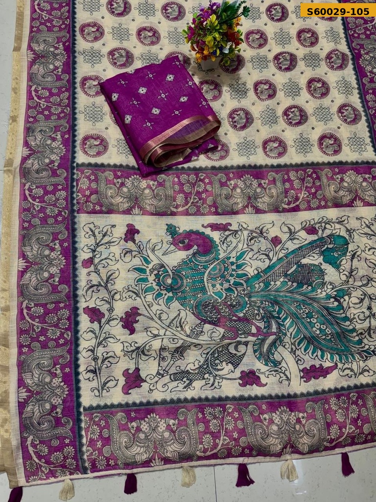 Fancy Soft Linen Cotton Mayur Printed Saree