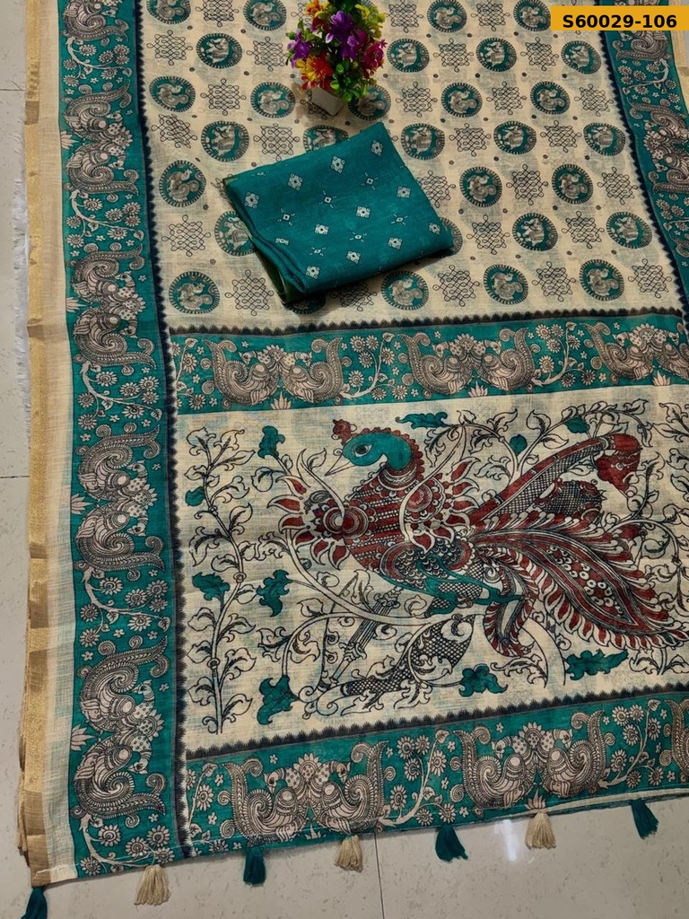 Fancy Soft Linen Cotton Mayur Printed Saree