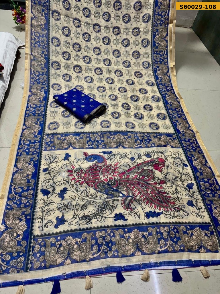 Fancy Soft Linen Cotton Mayur Printed Saree