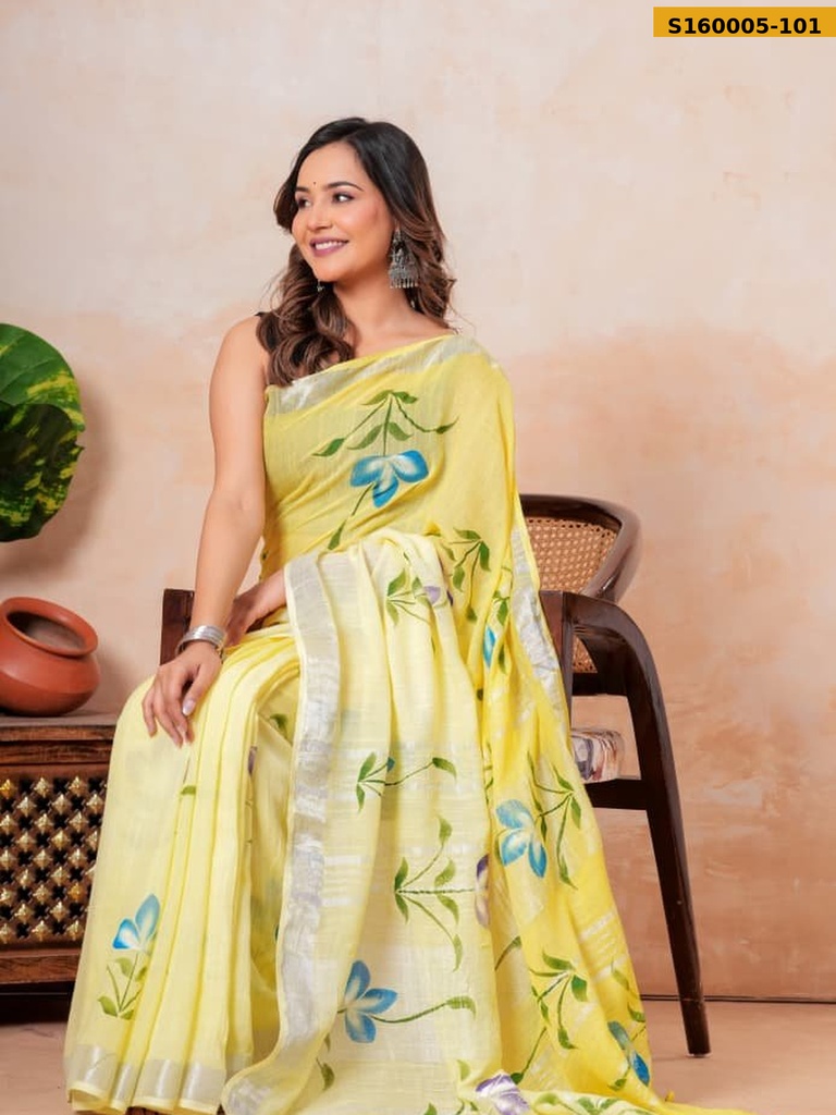 [S160005-101] Fancy Handblock Print Linen Sarees (S160005-101)