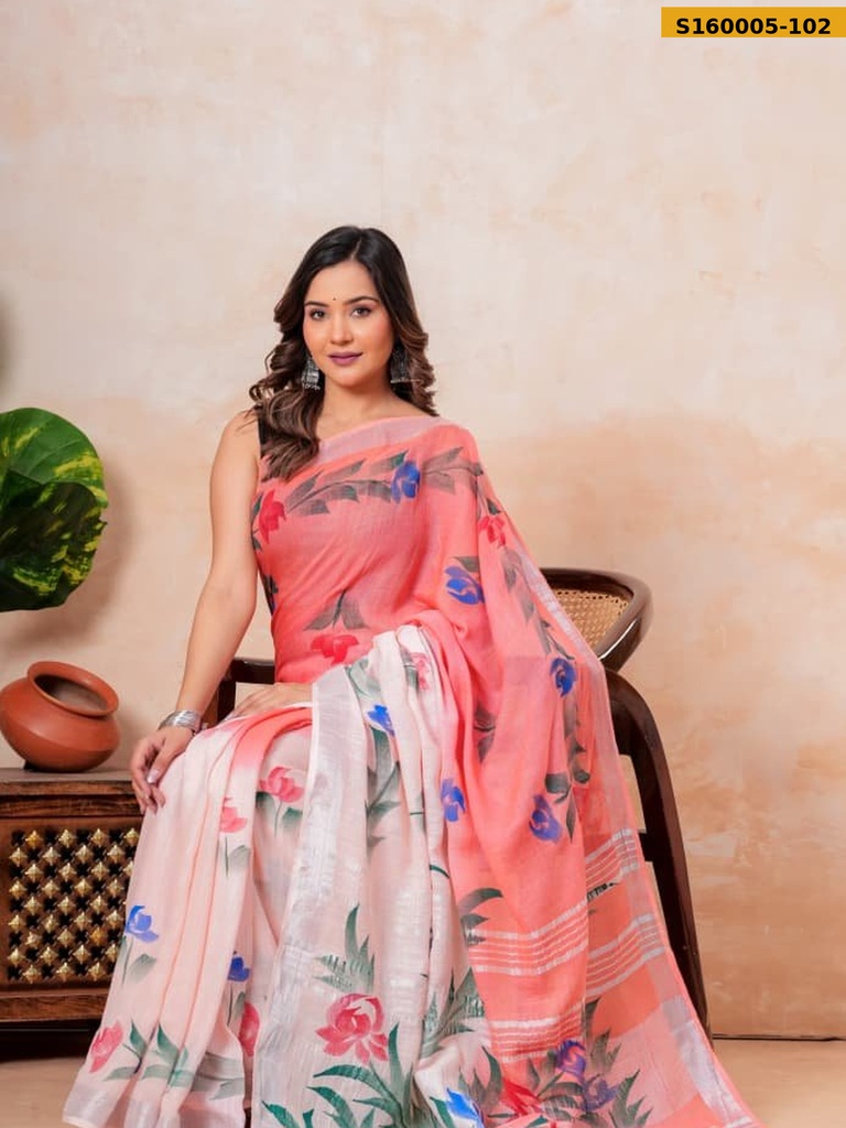 Fancy Handblock Print Linen Sarees