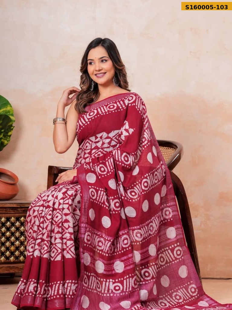 Fancy Handblock Print Linen Sarees