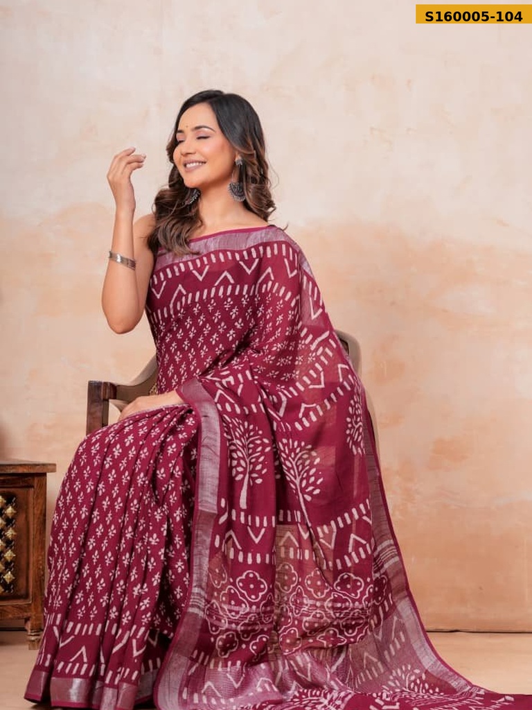 Fancy Handblock Print Linen Sarees
