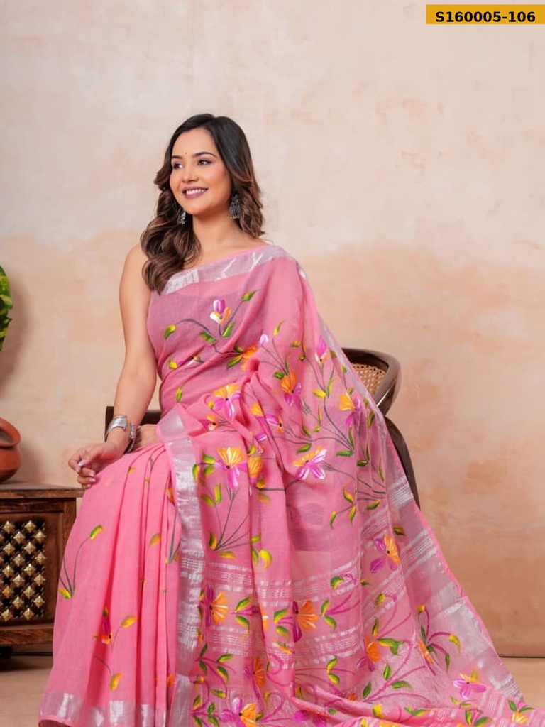 Fancy Handblock Print Linen Sarees