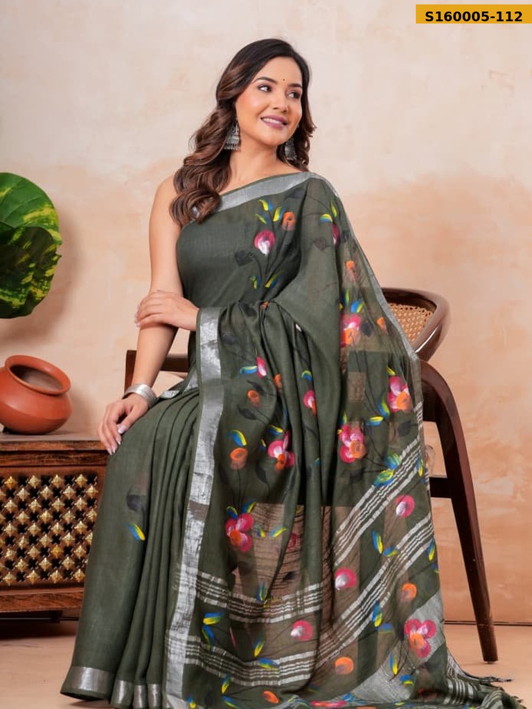 Fancy Handblock Print Linen Sarees